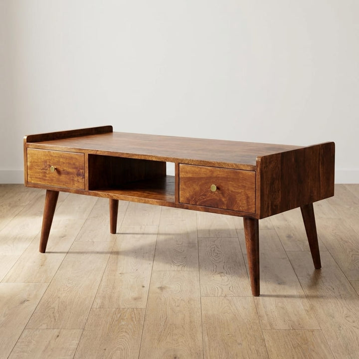 Handcrafted Elevated Chestnut Coffee Table - Solid Mango Wood Living Room Table - main view showing handcrafted solid...