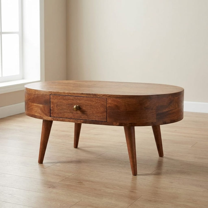 Honey Caramel Coffee Table - Solid Mango Wood Center Table for Living Room - main view showing handcrafted solid mango...