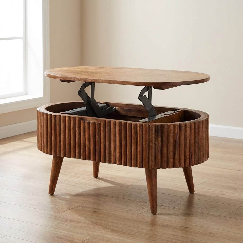 Honey Caramel Mokka Coffee Table - Solid Mango Wood Center Table for Living Room with a lift-top design.