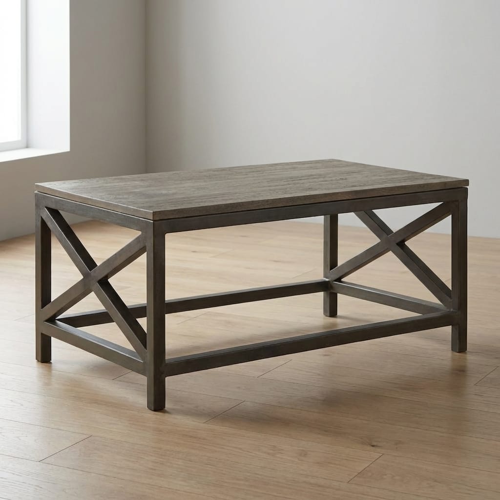 Industrial Cross Metal Oatmeal Coffee Table - Solid Mango Wood Center Table for Living Room - main view showing...