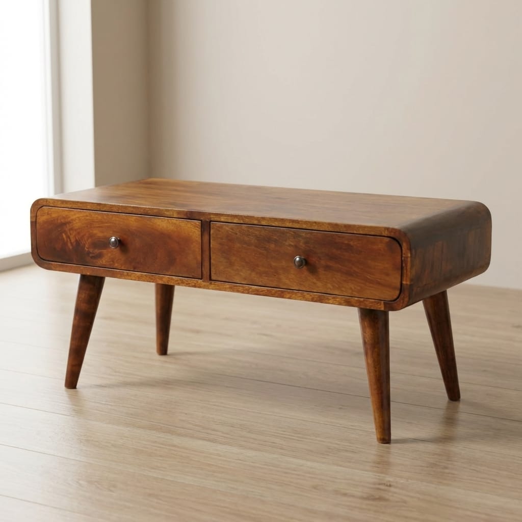 Mid-Century Modern Chestnut Coffee Table - Solid Mango Wood Center Table for Living Room - main view showing handcrafted...