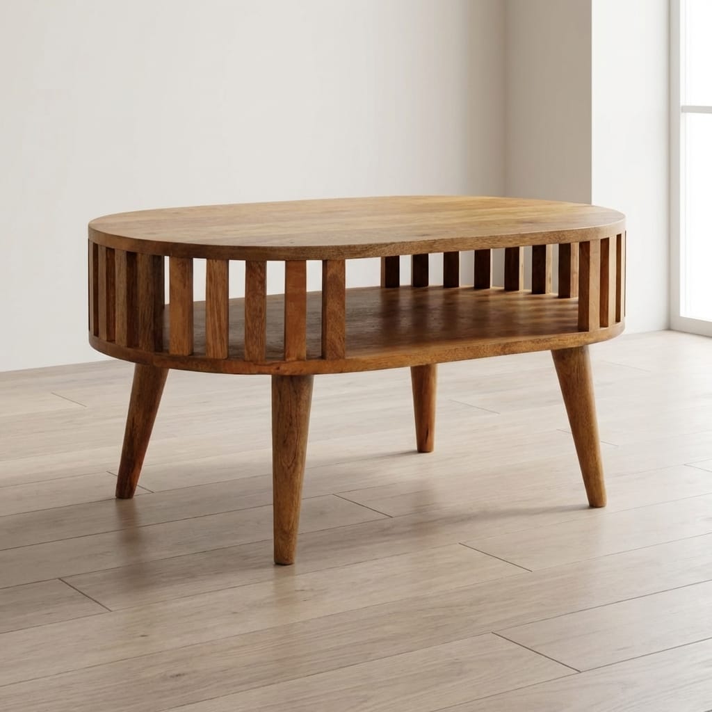 Mid-Century Modern Coffee Table - Solid Mango Wood Center Table for Living Room - main view showing handcrafted solid...
