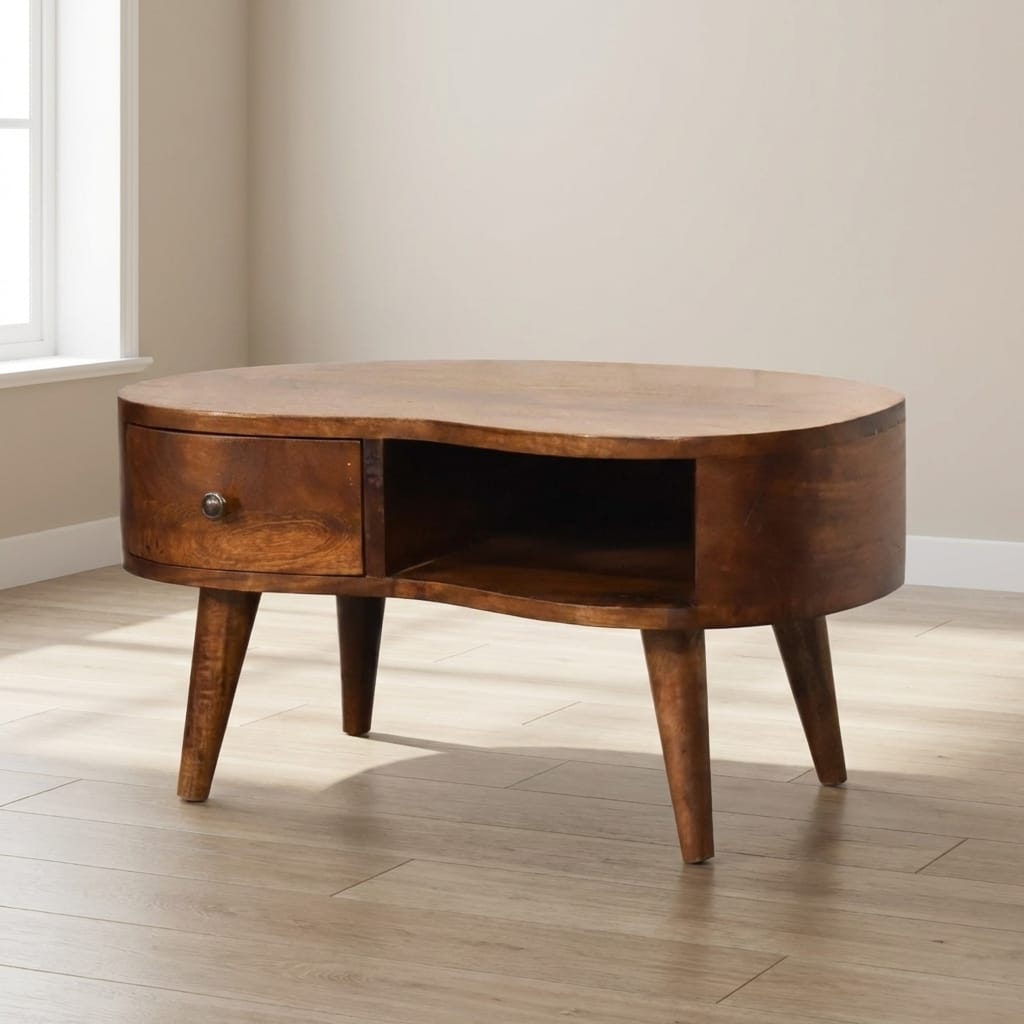 Mini Chesnut Wave Coffee Table - Solid Mango Wood Center Table for Living Room - main view showing handcrafted solid...