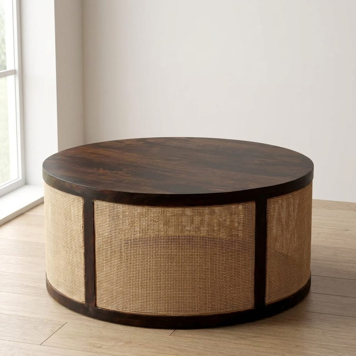 Monaco Round Rattan Coffee Table - Solid Mango Wood Center Table for Living Room - main view showing handcrafted solid...