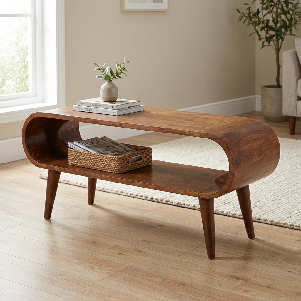 Nordic Style Coffee Table - Solid Mango Wood Center Table for Living Room - main view showing handcrafted solid mango...
