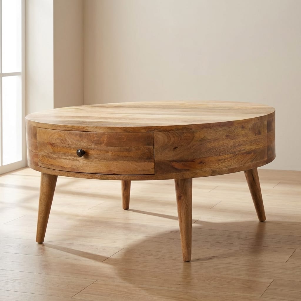 Odyssey Oak-ish Coffee Table - Solid Mango Wood Center Table for Living Room - main view showing handcrafted solid mango...