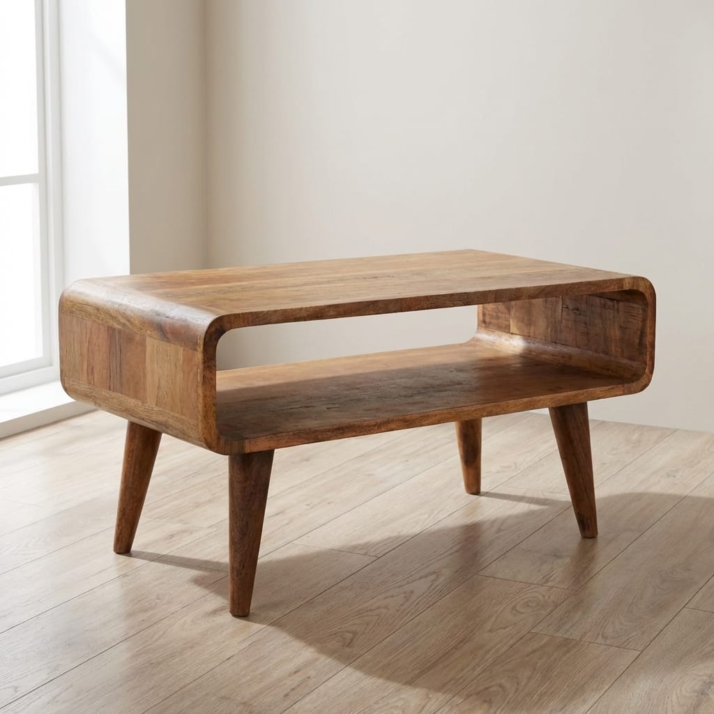 Open Oak-ish Coffee Table - Solid Mango Wood Table for Living Room - main view showing handcrafted solid mango wood...