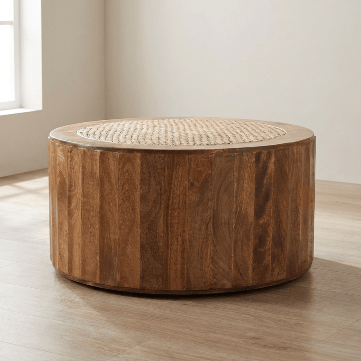 Rivera Rattan Coffee Table - Solid Mango Wood Center Table for Living Room - main view showing handcrafted solid mango...