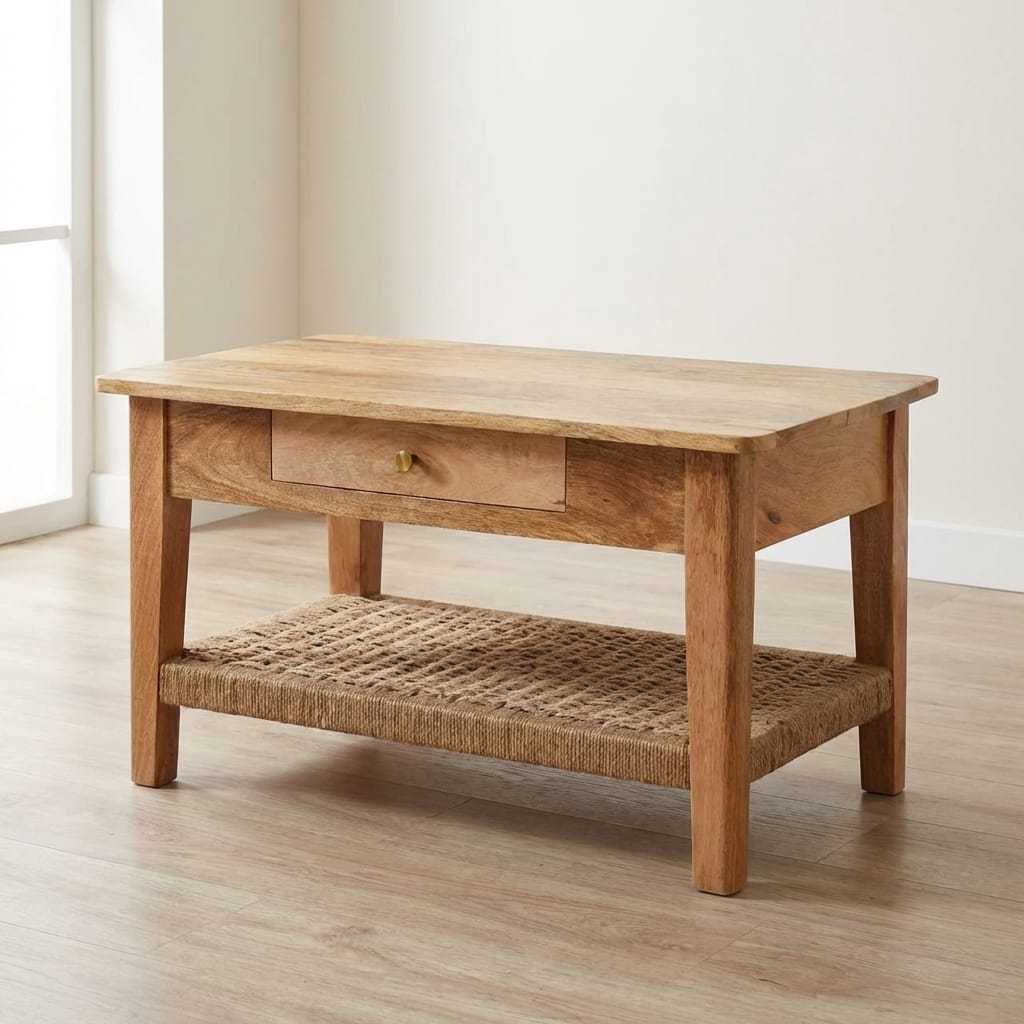 Rope 2 Drawers Coffee Table - Solid Mango Wood Center Table for Living Room - main view showing handcrafted solid mango...