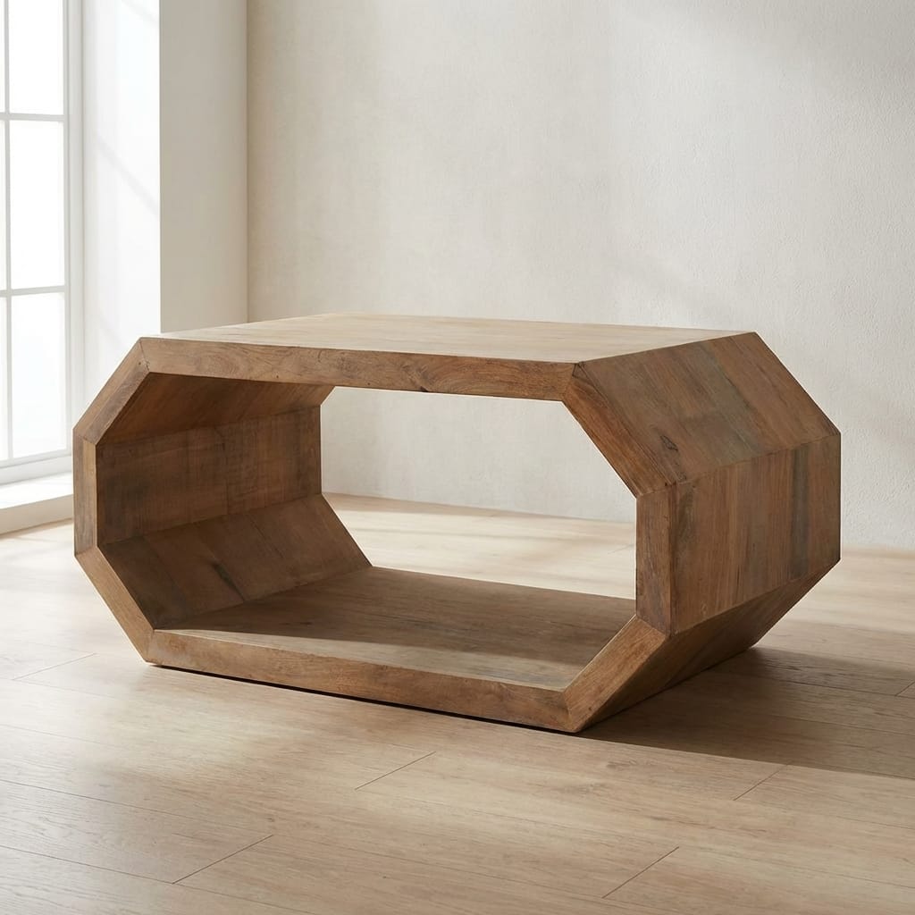 Rustic Hexagonal Coffee Table - Solid Mango Wood Center Table for Living Room - main view showing handcrafted solid mango...