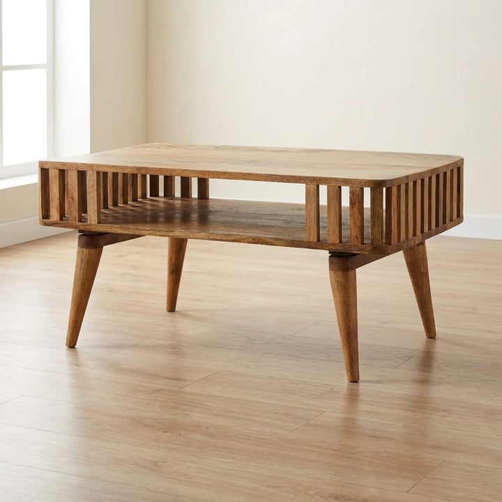 Slatted Oak-ish Coffee Table - Solid Mango Wood Center Table for Living Room - main view showing handcrafted solid mango...
