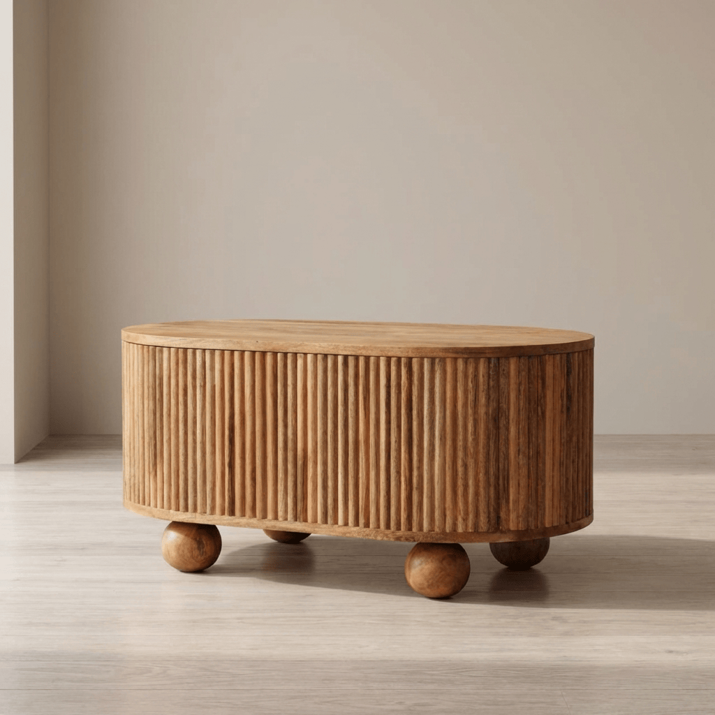 Soba Ball Lid-up Coffee Table - Solid Mango Wood Center Table for Living Room - main view showing handcrafted solid mango...