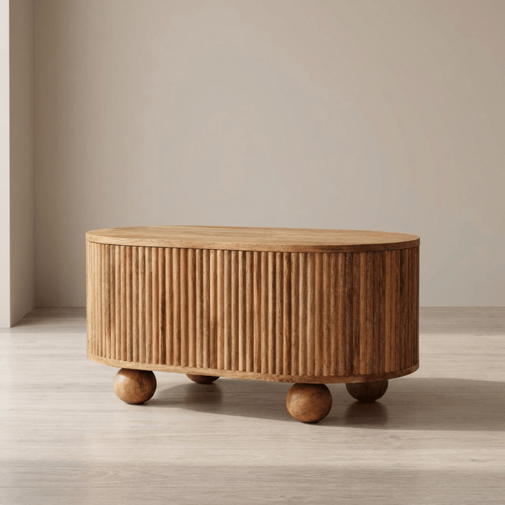 Soba Ball Lid-up Coffee Table - Solid Mango Wood Center Table for Living Room - main view showing handcrafted solid mango...