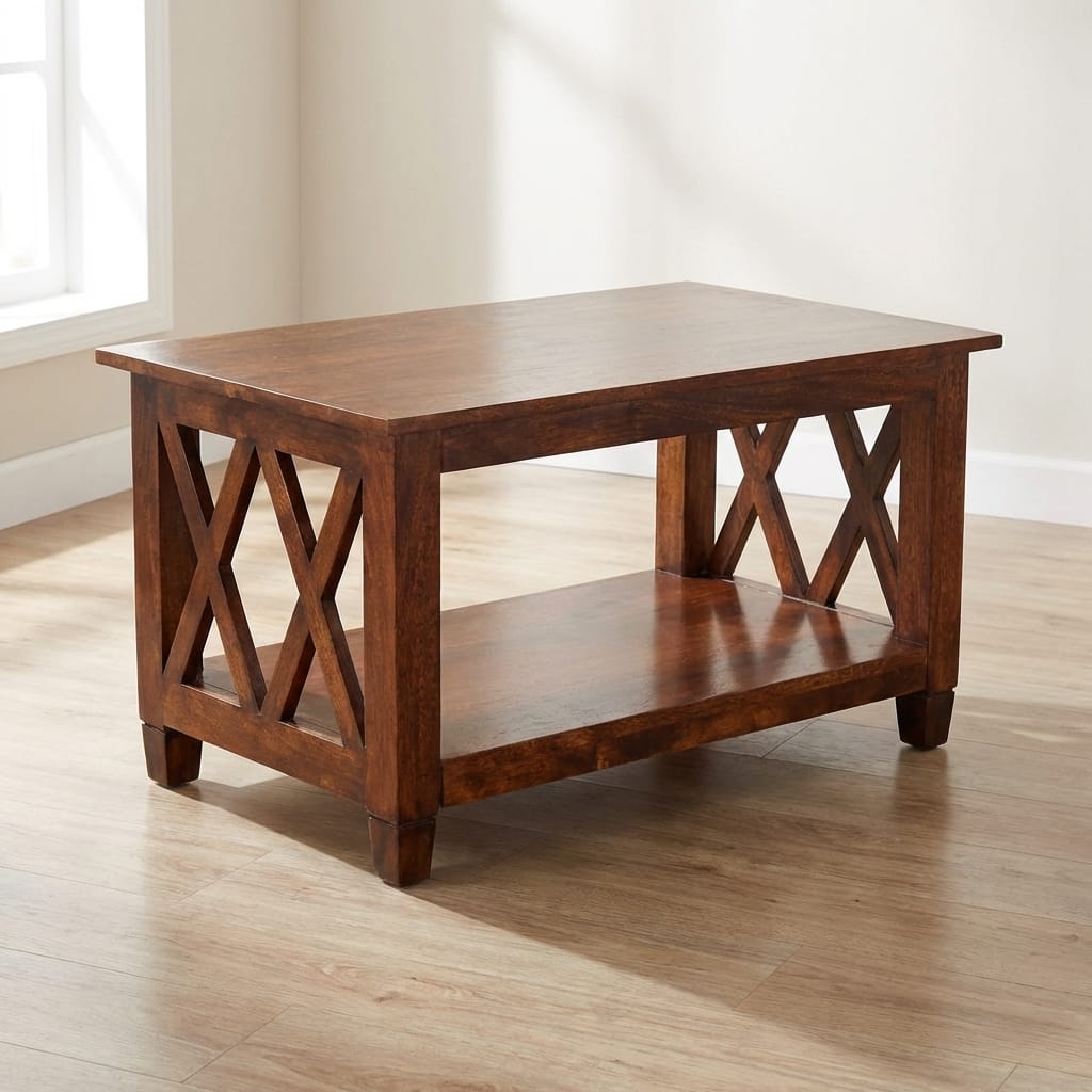 X-Frame Chestnut Coffee Table - Solid Mango Wood Center Table for Living Room - main view showing handcrafted solid mango...