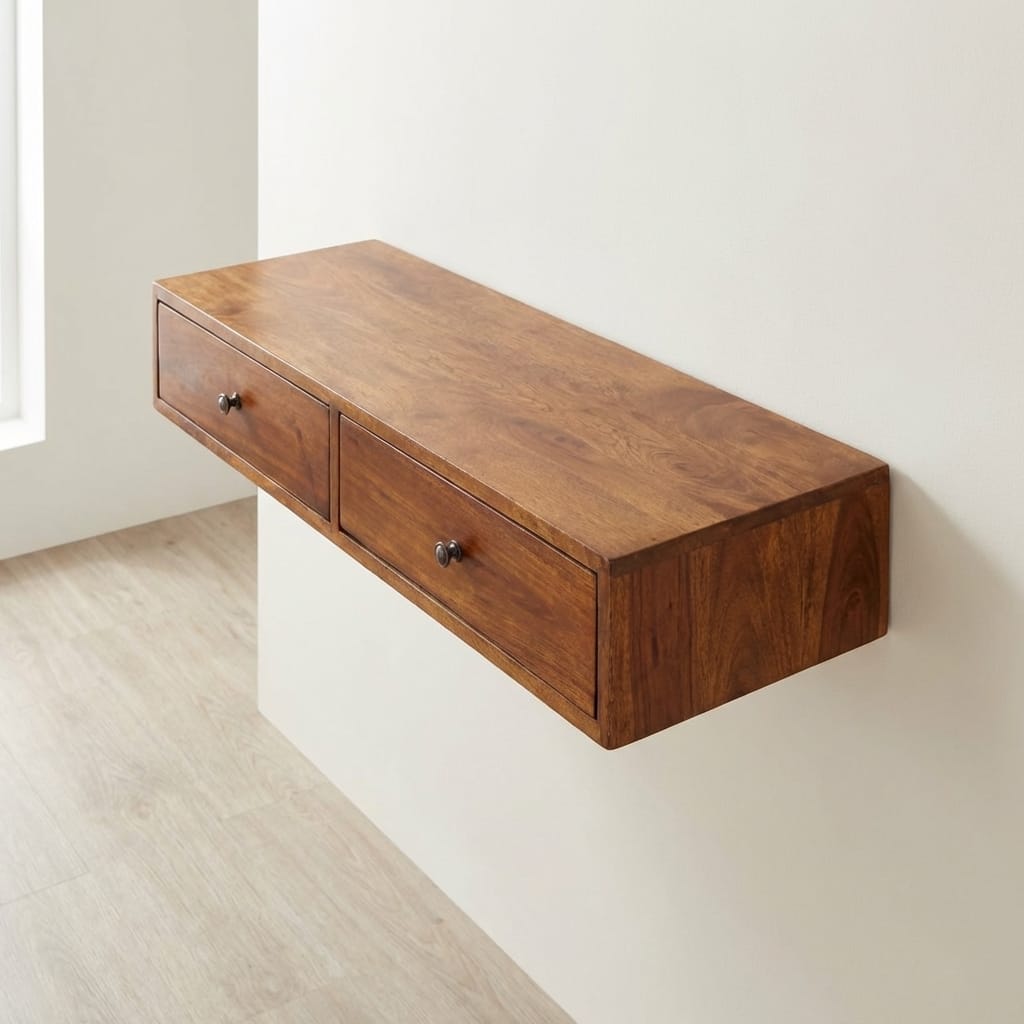 2 Drawer Chestnut Floating Console Table - Entryway & Hallway Table in Solid Mango Wood - main view showing handcrafted...