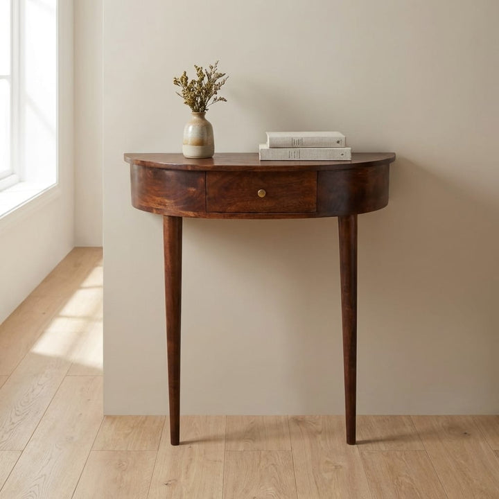 Backless Mounted Chestnut Console Table - Entryway & Hallway Table in Solid Mango Wood - main view showing handcrafted...