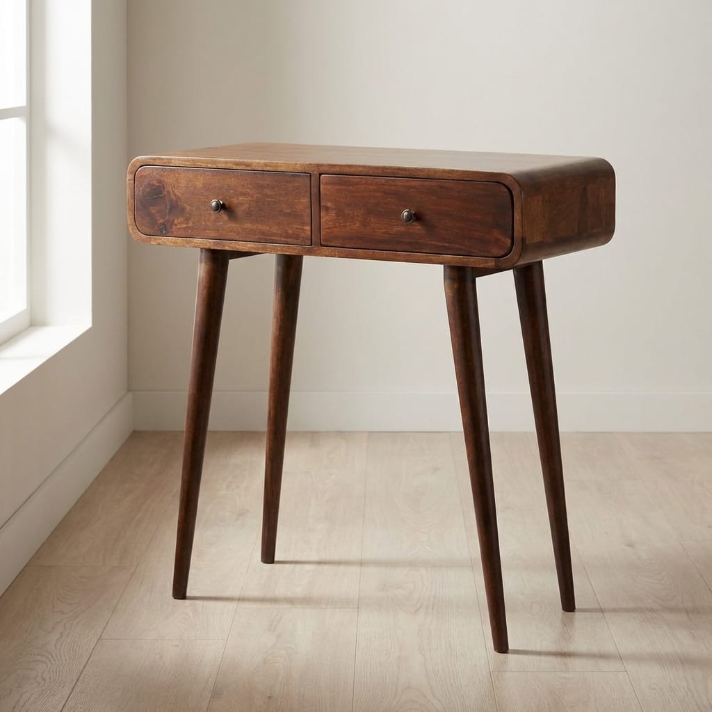 Chestnut Curved Hallway Console Table - Solid Mango Wood Entryway Table - main view showing handcrafted solid mango wood...