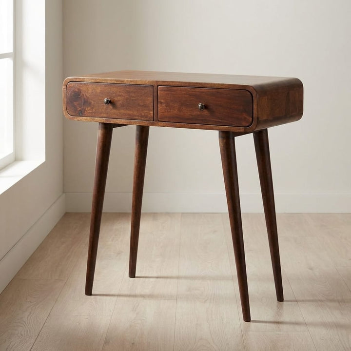 Chestnut Curved Hallway Console Table - Solid Mango Wood Entryway Table - main view showing handcrafted solid mango wood...