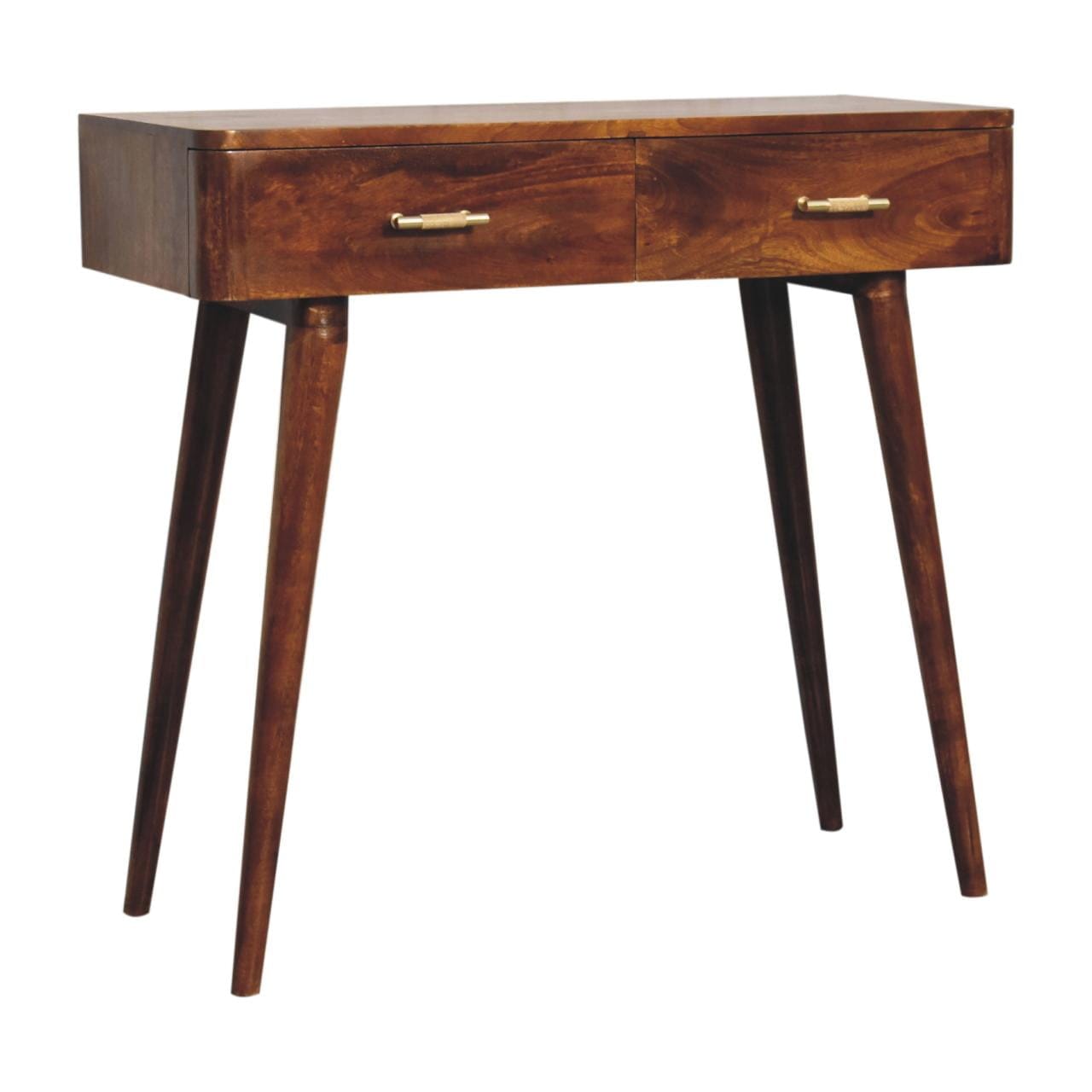 Chestnut T-Bar Console Table - Solid Mango Wood Hallway Console for Entryway - product view 2 showing handcrafted solid...