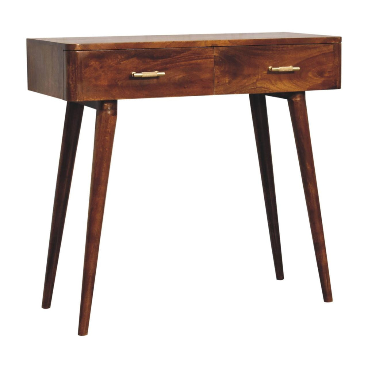 Chestnut T-Bar Console Table - Solid Mango Wood Hallway Console for Entryway - product view 2 showing handcrafted solid...