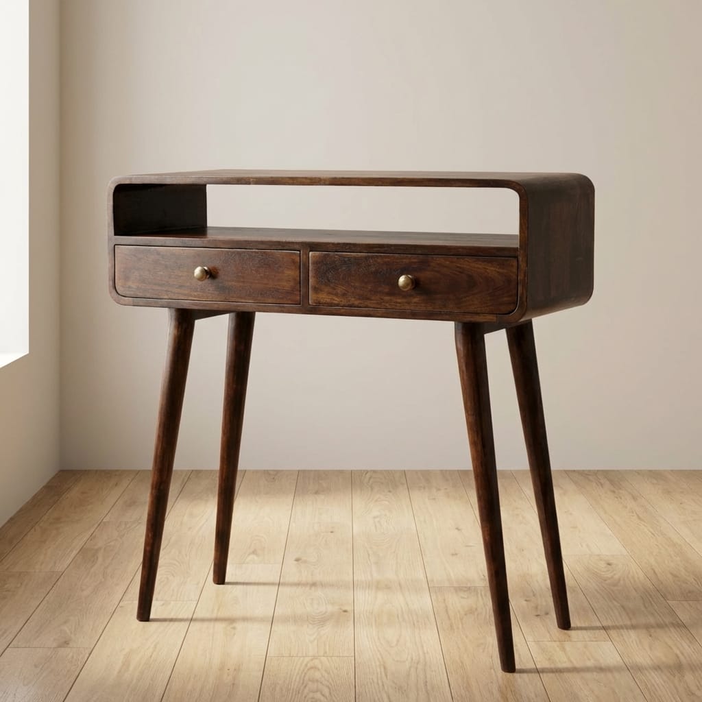 Curved California Walnut Console Table - Solid Mango Wood Hallway Console for Entryway - main view showing handcrafted...