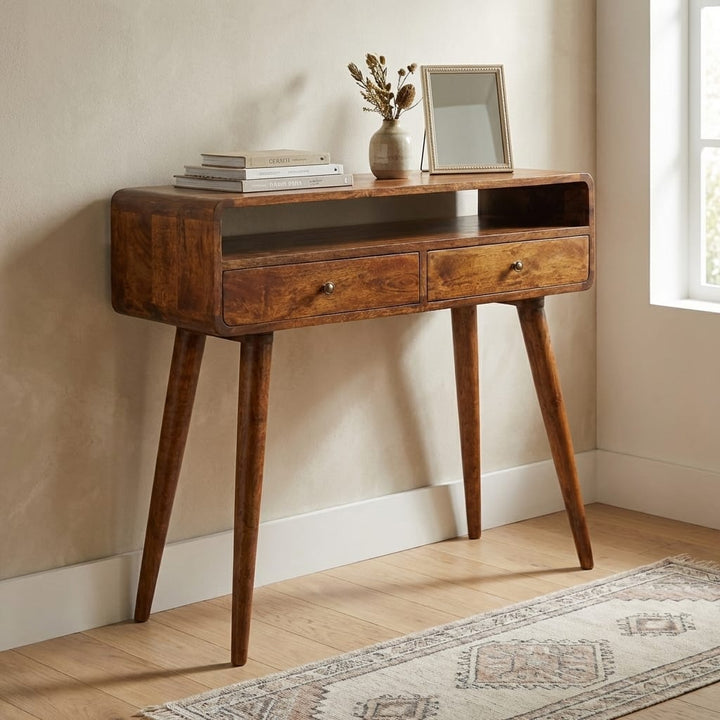 Curved Chestnut Console Table - Solid Mango Wood Hallway Console for Entryway - main view showing handcrafted solid mango...