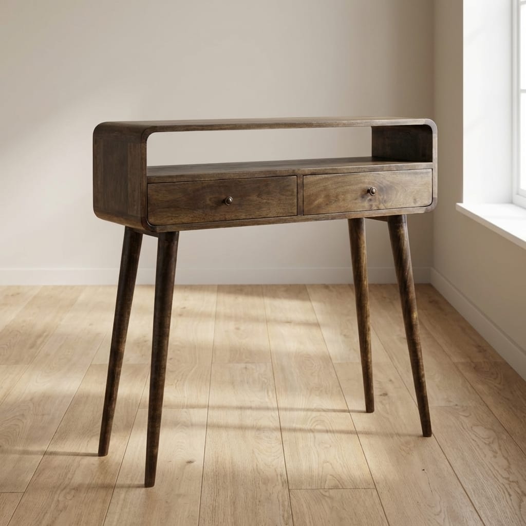 Curved Grey-wash Console Table - Solid Mango Wood Hallway Console for Entryway - main view showing handcrafted solid...