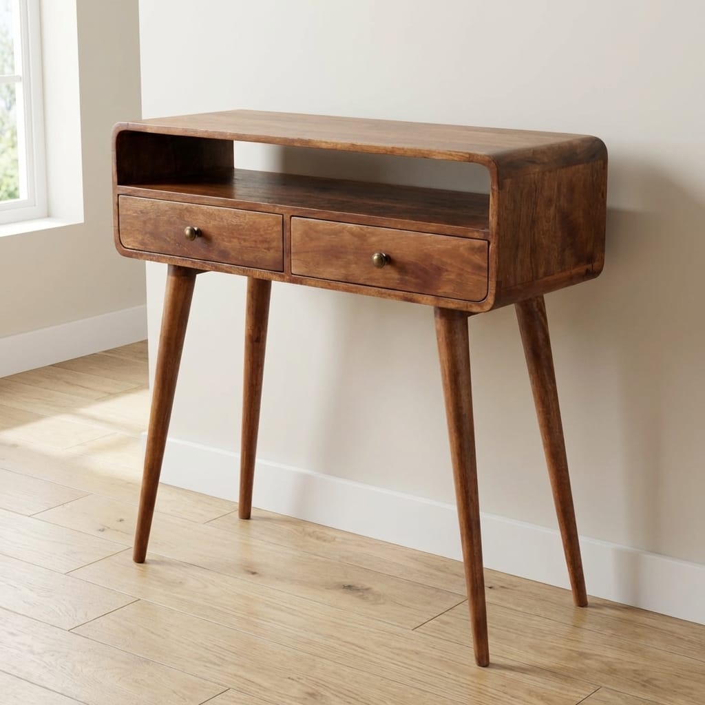 Curved Honey Caramel Console Table - Solid Mango Wood Hallway Console for Entryway - main view showing handcrafted solid...