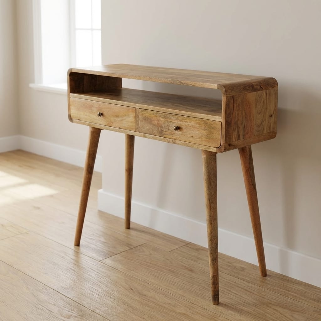 Curved Oak-ish Console Table - Solid Mango Wood Hallway Console for Entryway - main view showing handcrafted solid mango...