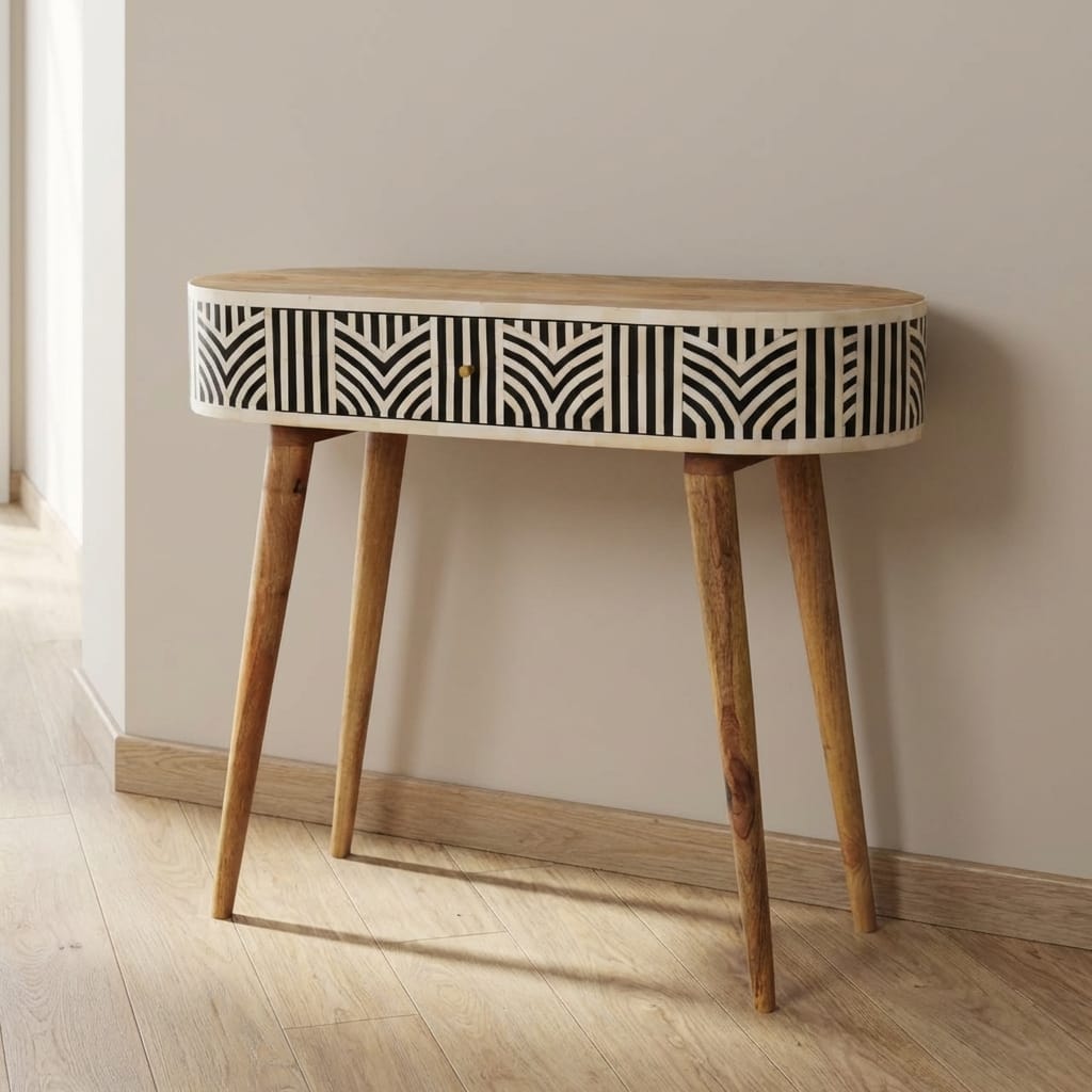 Edessa Bone Inlay Console Table - Solid Mango Wood Hallway Console for Entryway placed in a bright hallway.