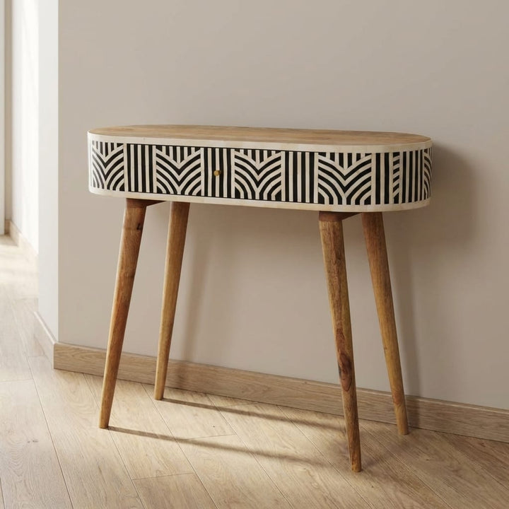 Edessa Bone Inlay Console Table - Solid Mango Wood Hallway Console for Entryway placed in a bright hallway.