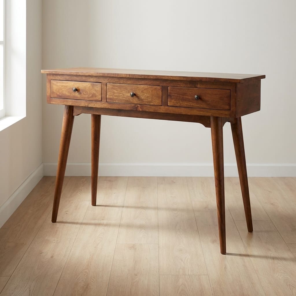 Functional 3 Drawer Chestnut Console Table - Entryway & Hallway Table in Solid Mango Wood - main view showing handcrafted...