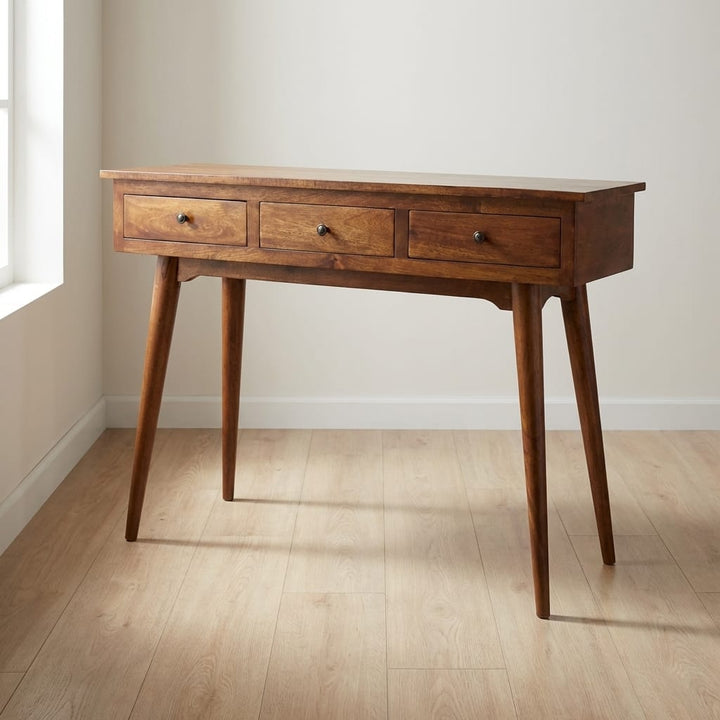 Functional 3 Drawer Chestnut Console Table - Entryway & Hallway Table in Solid Mango Wood - main view showing handcrafted...