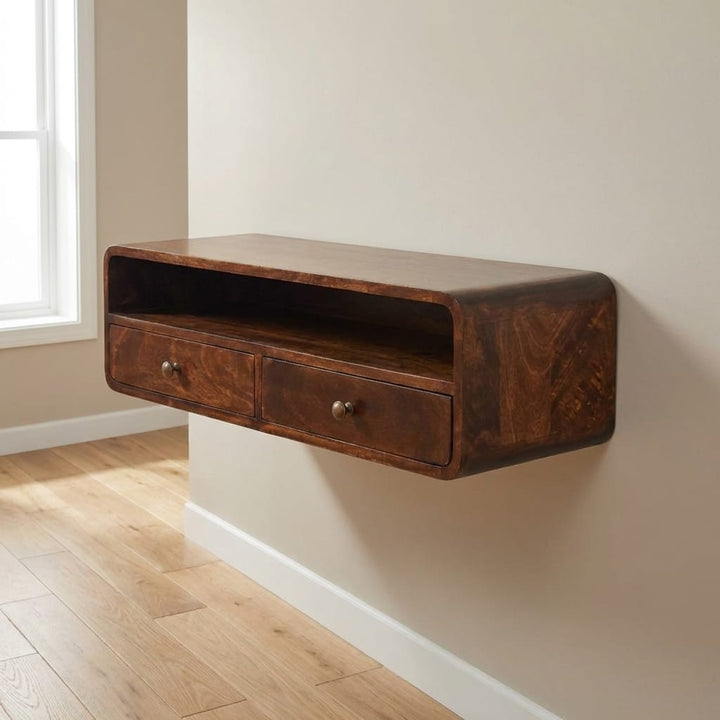 Handcrafted Floating California Walnut Open Console Table in Solid Mango Wood - main view showing handcrafted solid mango...