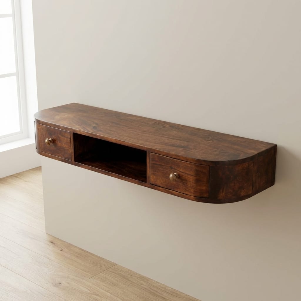 Lunar 2 Drawer Wall Mounted California Walnut Console Table - Entryway & Hallway Table - main view showing handcrafted...