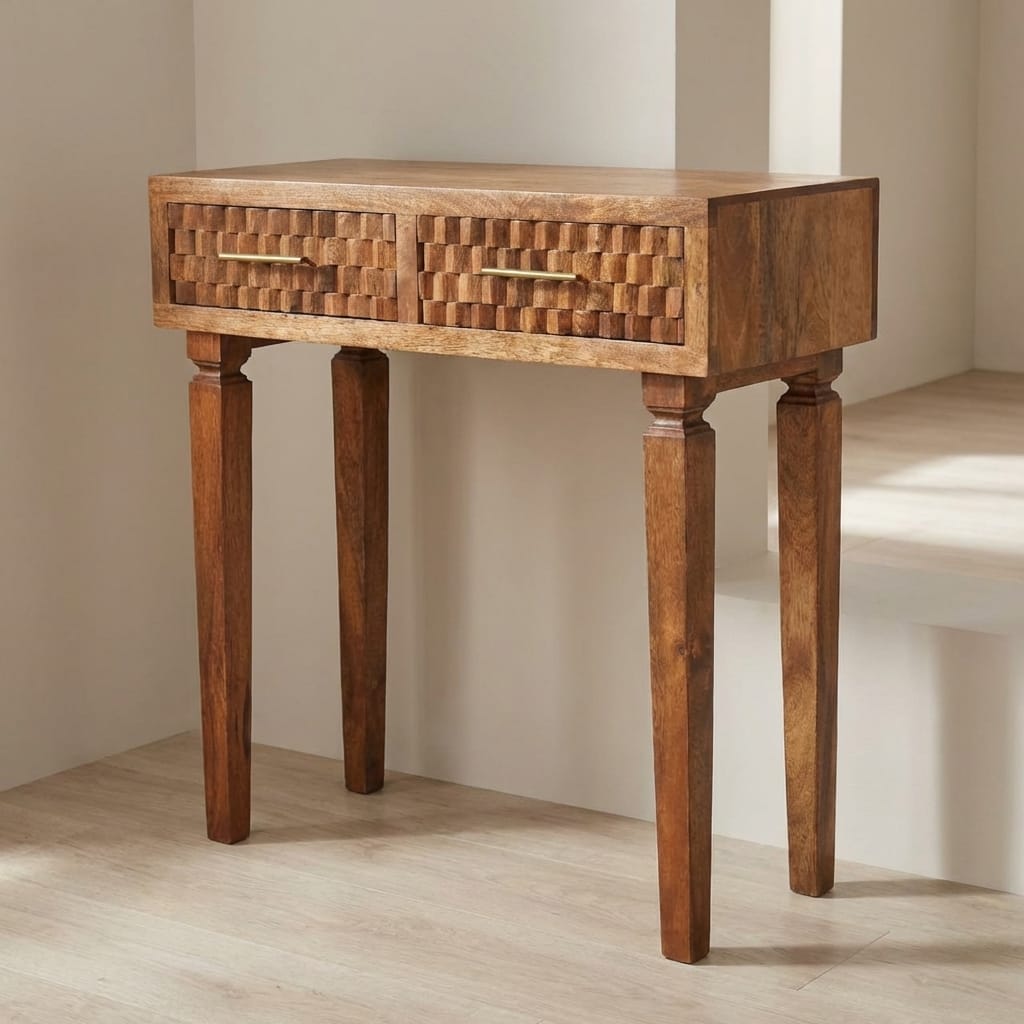 Mid-Century Modern Arno Console Table - Solid Mango Wood Hallway Console for Entryway - main view showing handcrafted...