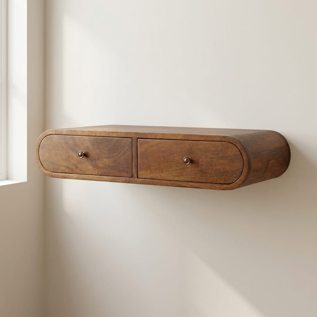 Mid-Century Modern Floating Chestnut Console Table - Entryway & Hallway Table in Solid Mango Wood - main view showing...
