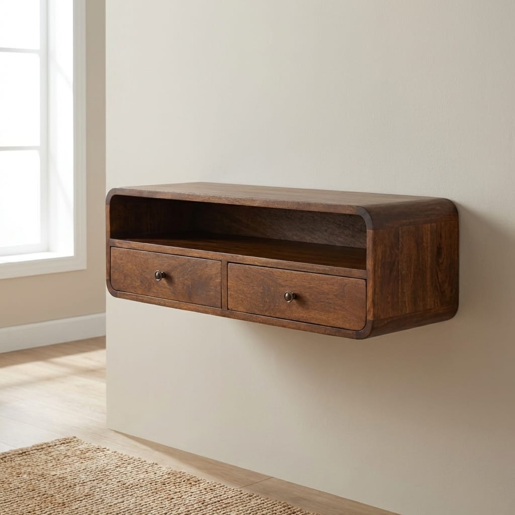 Mid-Century Modern Floating Chestnut Open Console - Entryway & Hallway Table in Solid Mango Wood - main view showing...