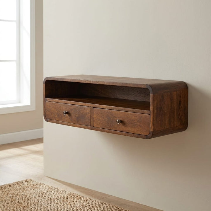 Mid-Century Modern Floating Chestnut Open Console - Entryway & Hallway Table in Solid Mango Wood - main view showing...