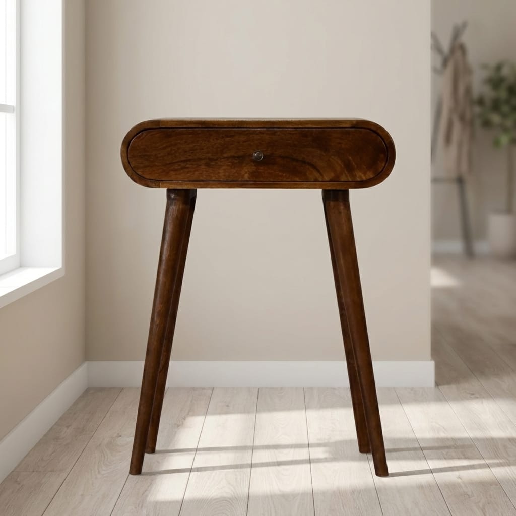 Mini Round Chestnut Console Table - Entryway & Hallway Table in Solid Mango Wood - main view showing handcrafted solid...