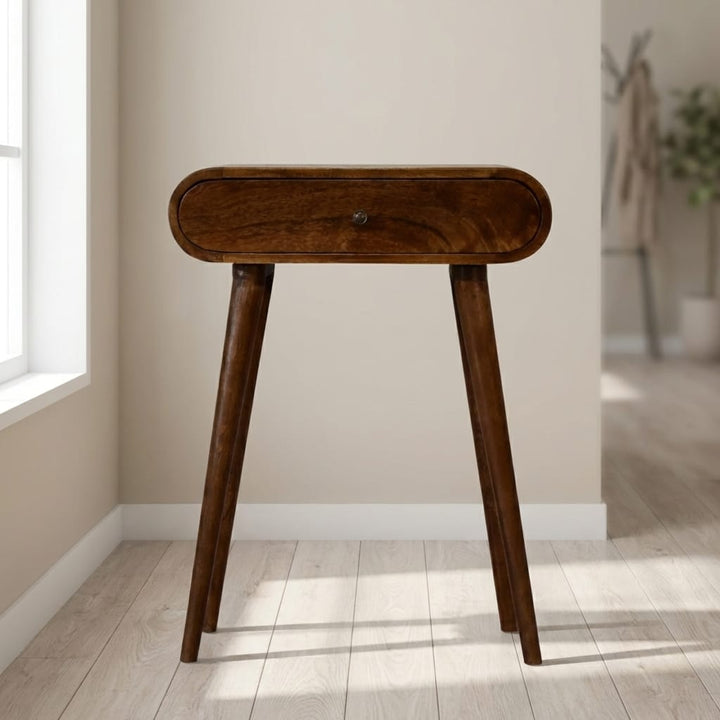 Mini Round Chestnut Console Table - Entryway & Hallway Table in Solid Mango Wood - main view showing handcrafted solid...