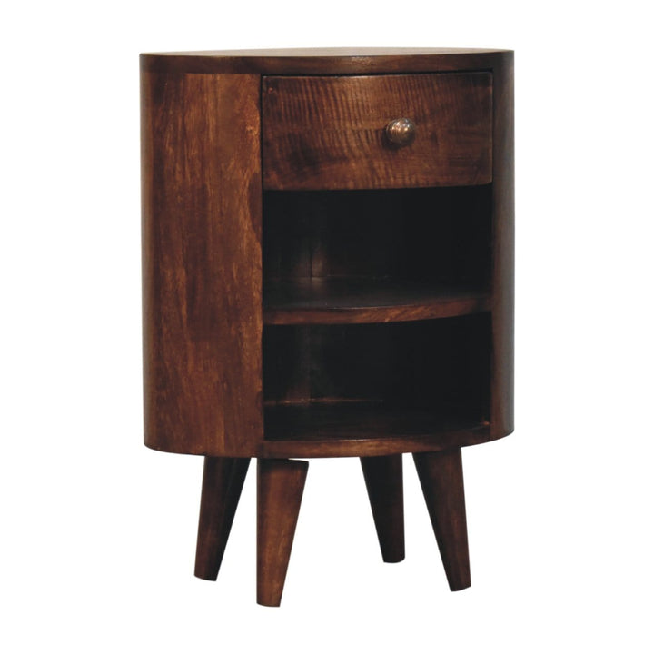 Cortez California Walnut Nightstand - Solid Mango Wood Bedside Table for Bedroom - product view 3 showing handcrafted...