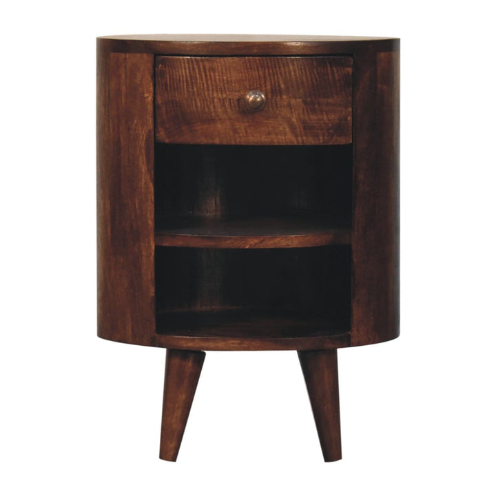 Cortez California Walnut Nightstand - Solid Mango Wood Bedside Table for Bedroom - product view 2 showing handcrafted...
