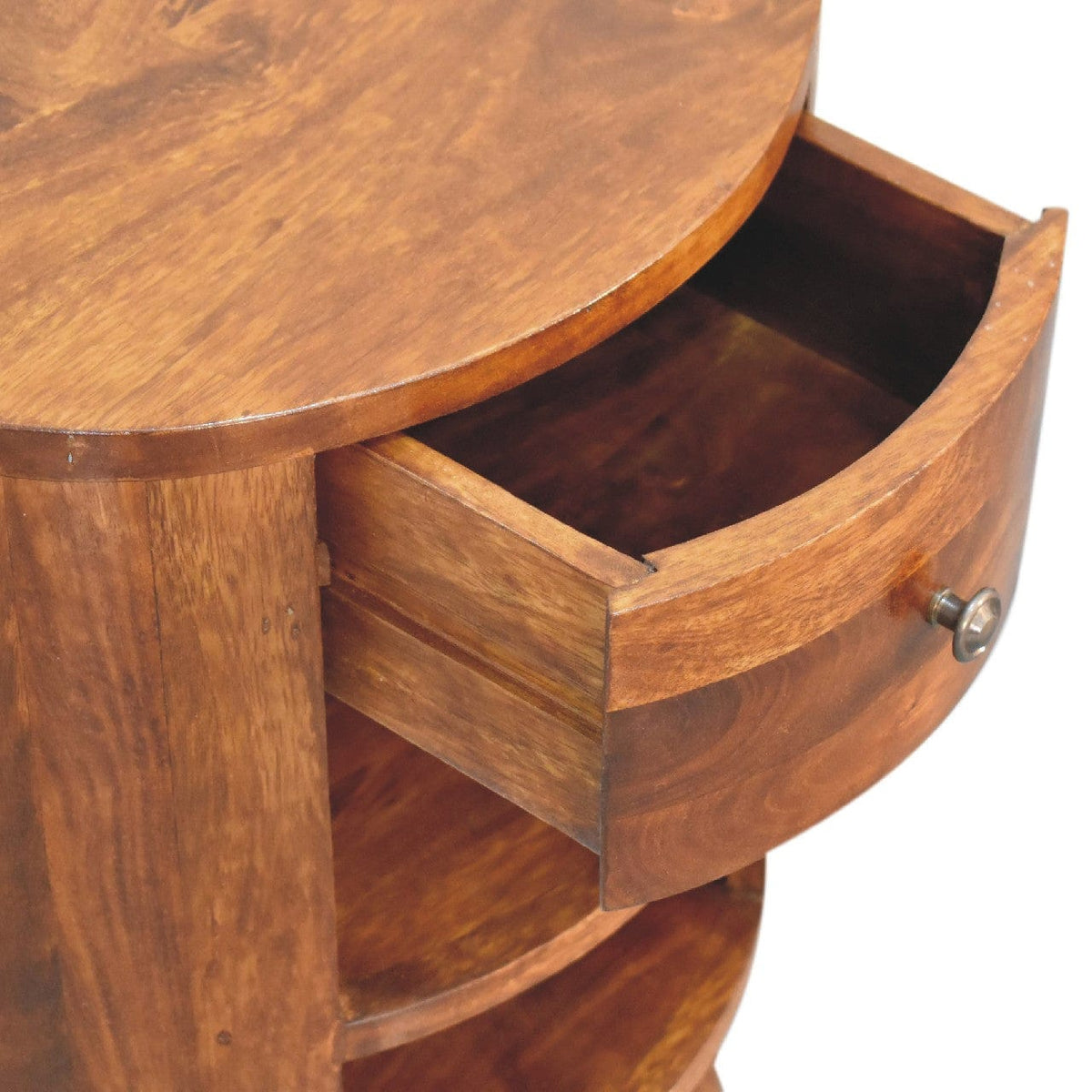 Cortez Chestnut Nightstand - Solid Mango Wood Bedside Table for Bedroom - product view 6 showing handcrafted solid mango...