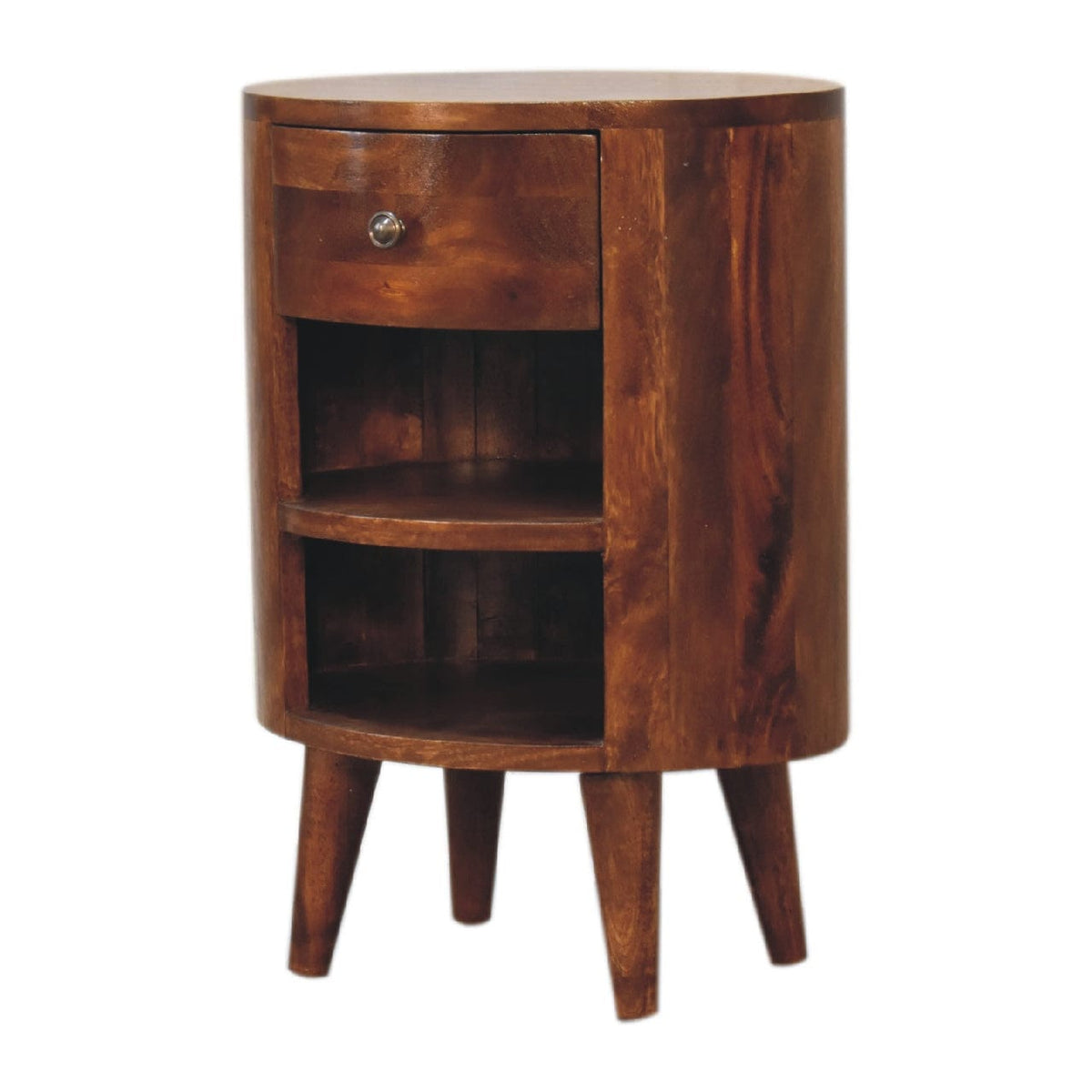 Cortez Chestnut Nightstand - Solid Mango Wood Bedside Table for Bedroom - product view 3 showing handcrafted solid mango...