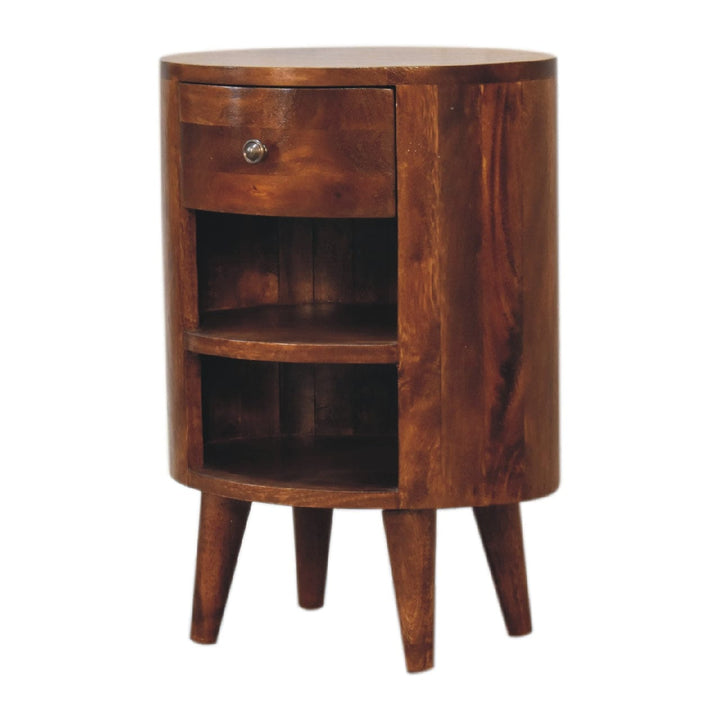 Cortez Chestnut Nightstand - Solid Mango Wood Bedside Table for Bedroom - product view 3 showing handcrafted solid mango...