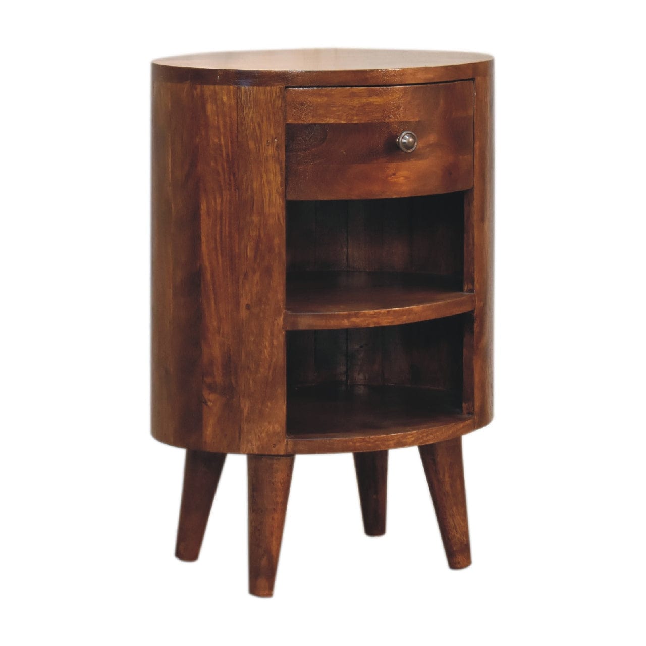 Cortez Chestnut Nightstand - Solid Mango Wood Bedside Table for Bedroom - product view 2 showing handcrafted solid mango...