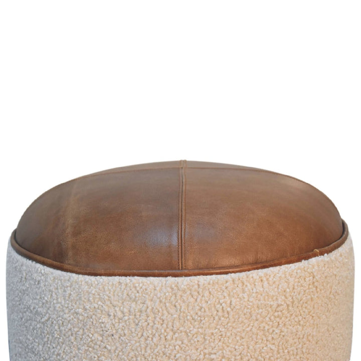 Cream Boucle Buffalo Footstool - Solid Mango Wood Accent Stool for Living Room - product view 3 showing handcrafted solid...