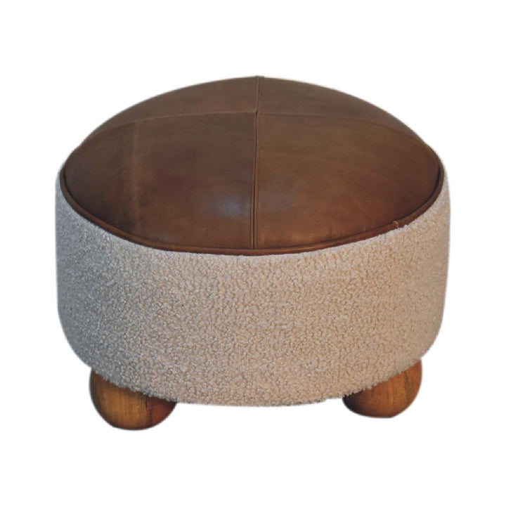 Cream Boucle Buffalo Footstool - Solid Mango Wood Accent Stool for Living Room - product view 2 showing handcrafted solid...
