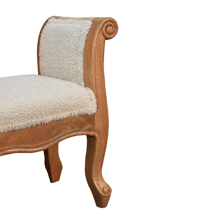 Cream Boucle French Style Bench - Solid Mango Wood Seating Furniture for Entryway - product view 8 showing handcrafted...